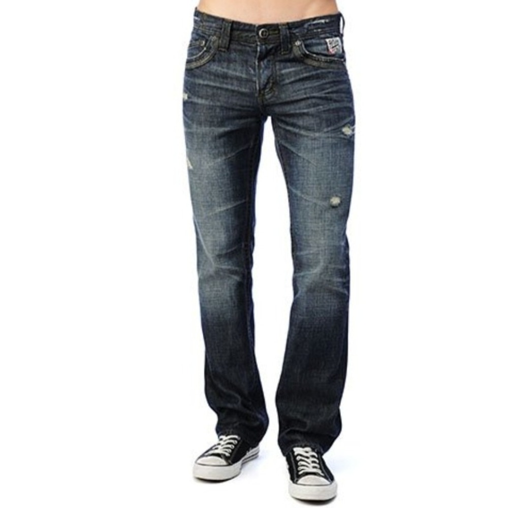 Affliction Black Premium Mens Distressed Straight LegJeans Dark Wash Embroidered